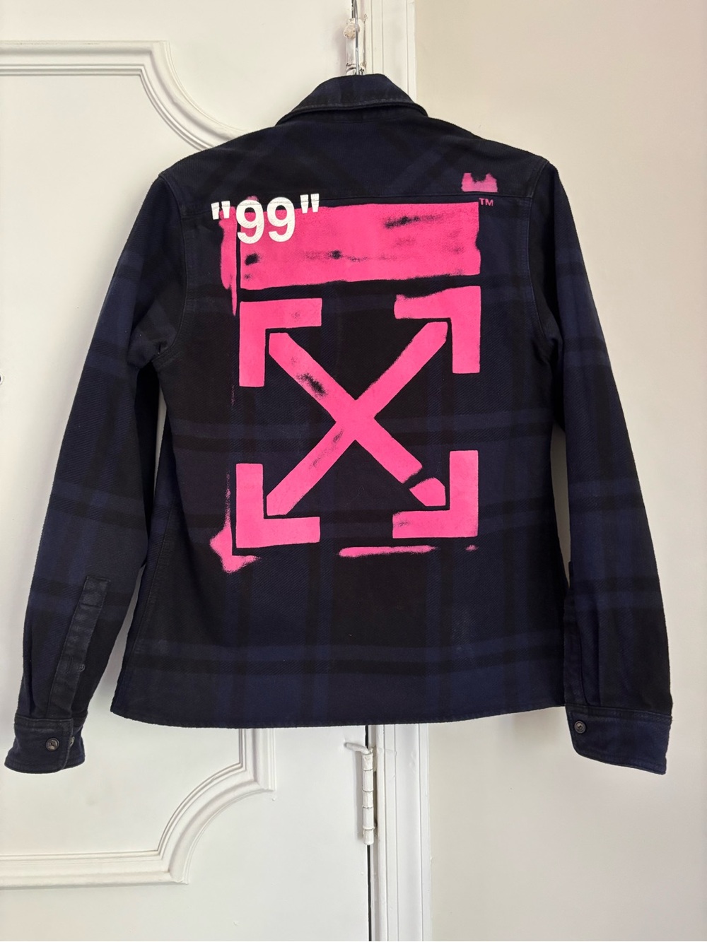 Off-White unisex adults Navy Plaid Jean Jacket with Pink Graphic